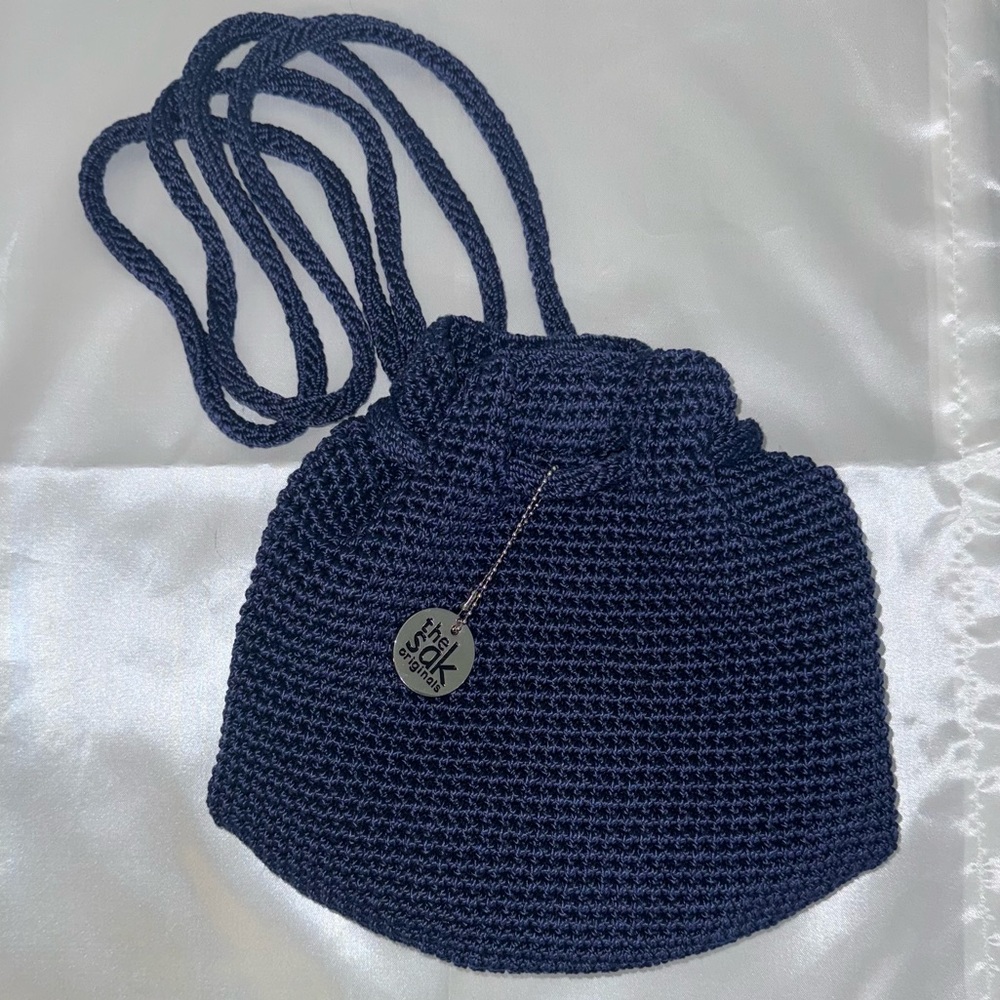 The Sak Knit Pouch or Crocheted Navy Blue Backpack snap closure - Picture 6 of 13